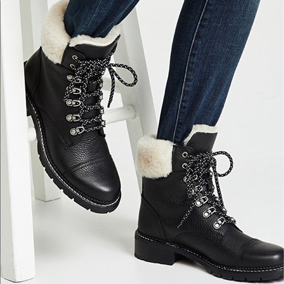 Frye Shoes - FRYE BLACK LEATHER SHEARLING SAMANTHA HIKER BOOTS